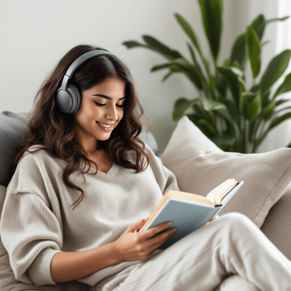 A young lady enjoying an audio book while sitting comfortably on the lounge